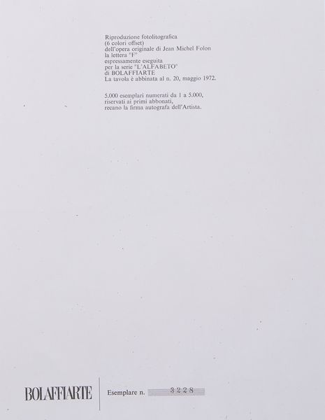 FOLON JEAN-MICHEL (1934 - 2005) : F.  - Asta Asta 394 | ARTE MODERNA E CONTEMPORANEA Virtuale - Associazione Nazionale - Case d'Asta italiane
