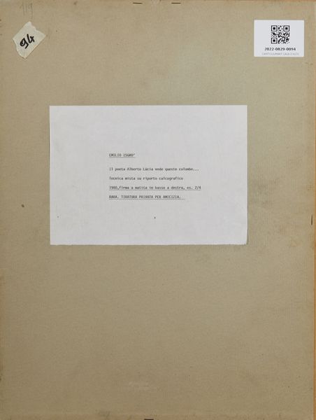 ISGRO' EMILIO (n. 1937) : Dalla cartella Il poeta Alberto L�cia.  - Asta Asta 394 | ARTE MODERNA E CONTEMPORANEA Virtuale - Associazione Nazionale - Case d'Asta italiane