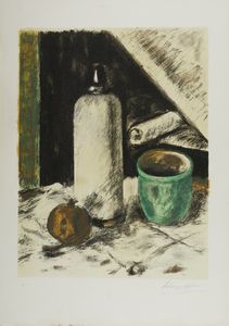 SOFFICI ARDENGO (1879 - 1964) - Bottiglia bianca vasetto verde e melagrana.