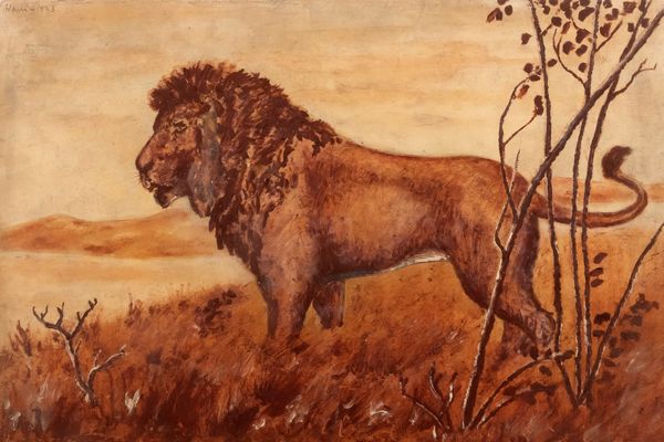 Scuola europea, secolo XX : Leone nella savana  - Asta Incanti d'arte - Associazione Nazionale - Case d'Asta italiane