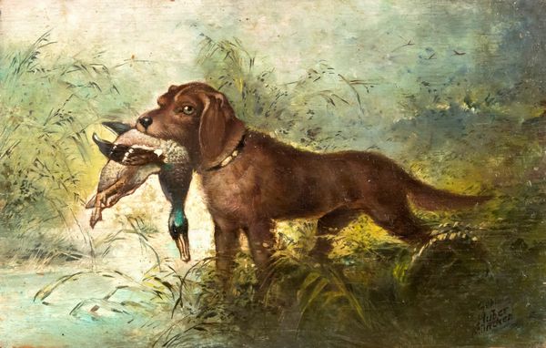 Scuola tedesca, inizi del XX secolo : Cane da caccia con fagiano  - Asta Incanti d'arte - Associazione Nazionale - Case d'Asta italiane
