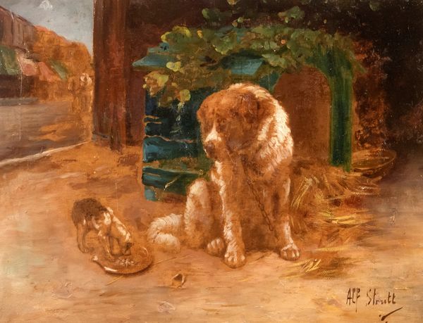 Scuola europea, secolo XIX : Cane San Bernardo con il suo cucciolo  - Asta Incanti d'arte - Associazione Nazionale - Case d'Asta italiane