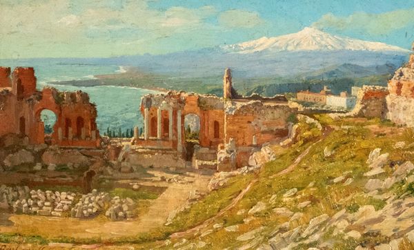 Scuola italiana, secolo XIX : Veduta di Taormina con l'Etna innevato sullo sfondo  - Asta Incanti d'arte - Associazione Nazionale - Case d'Asta italiane