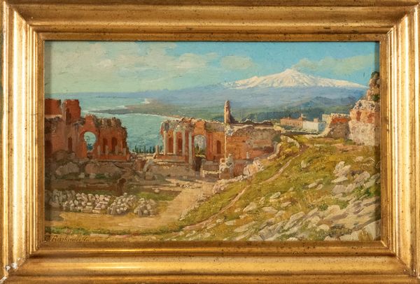 Scuola italiana, secolo XIX : Veduta di Taormina con l'Etna innevato sullo sfondo  - Asta Incanti d'arte - Associazione Nazionale - Case d'Asta italiane