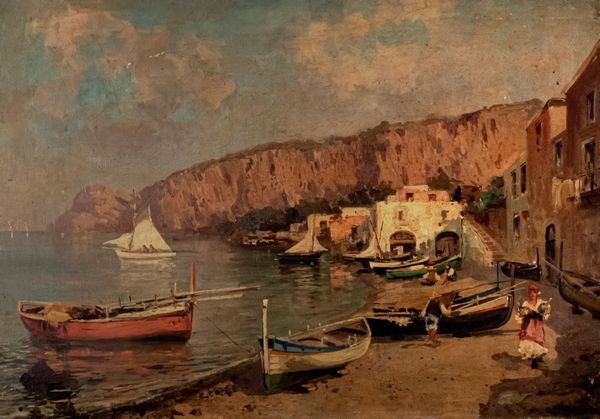 Scuola italiana, fine secolo XIX - inizi secolo XX : Scorcio della Costiera Amalfitana  - Asta Incanti d'arte - Associazione Nazionale - Case d'Asta italiane