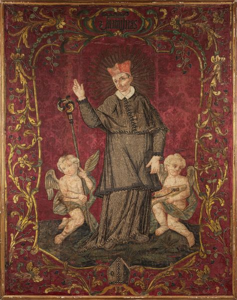 Scuola lombarda, seconda metà del secolo XVII : Grande pannello in broccato riccamente ricamato e dipinto, raffigurante San Carlo Borromeo con due angeli  - Asta Incanti d'arte - Associazione Nazionale - Case d'Asta italiane