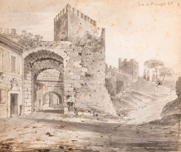 Pittore inglese attivo a Roma, secolo XIX : Veduta di Porta San Lorenzo a Roma  - Asta Incanti d'arte - Associazione Nazionale - Case d'Asta italiane