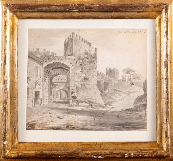 Pittore inglese attivo a Roma, secolo XIX : Veduta di Porta San Lorenzo a Roma  - Asta Incanti d'arte - Associazione Nazionale - Case d'Asta italiane