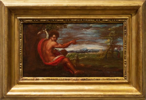 Scuola romana, secolo XVII : Paesaggio con San Giovanni Battista  - Asta Incanti d'arte - Associazione Nazionale - Case d'Asta italiane