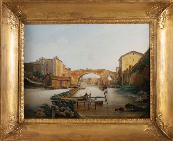Scuola romana, secolo XIX : Roma, veduta dell'antico Ponte Cestio con l'Isola Tiberina  - Asta Incanti d'arte - Associazione Nazionale - Case d'Asta italiane