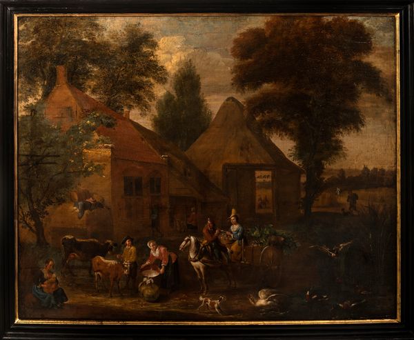 Scuola fiamminga, secolo XVII : Villagio contadino con venditrice di ortaggi e contadina che prepara il formaggio  - Asta Incanti d'arte - Associazione Nazionale - Case d'Asta italiane