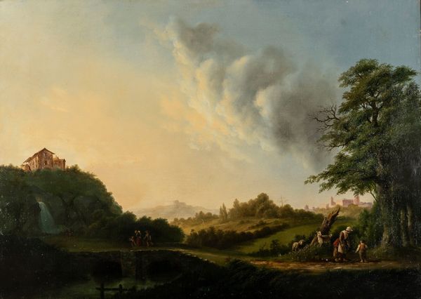 Scuola italiana, secolo XIX : Paesaggio con figure nei pressi di un fiume e cittadella in lontananza  - Asta Incanti d'arte - Associazione Nazionale - Case d'Asta italiane