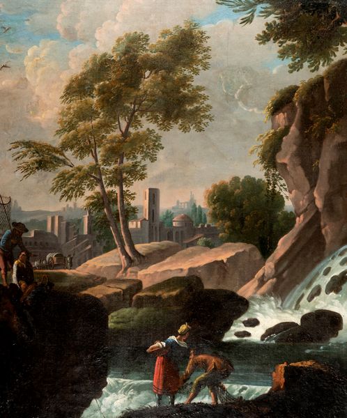 Scuola italiana, secolo XIX : Paesaggio fluviale con cascata e borgo turrito in lontananza  - Asta Incanti d'arte - Associazione Nazionale - Case d'Asta italiane