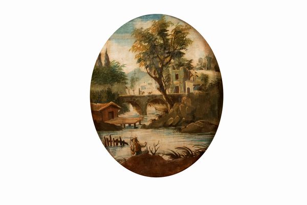 Maniera di Marco Ricci : Paesaggio fluviale con pescatore  - Asta Incanti d'arte - Associazione Nazionale - Case d'Asta italiane