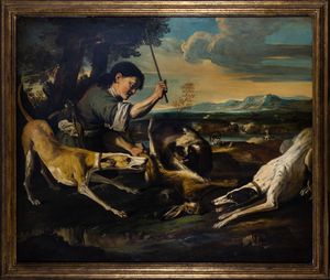 Imitatore di Michelangelo Pace, detto Michelangelo del Campidoglio - Cacciatore con lepre e cani