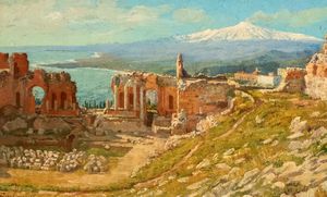 Scuola italiana, secolo XIX - Veduta di Taormina con l'Etna innevato sullo sfondo