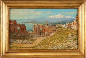 Scuola italiana, secolo XIX : Veduta di Taormina con l'Etna innevato sullo sfondo  - Asta Incanti d'arte - Associazione Nazionale - Case d'Asta italiane