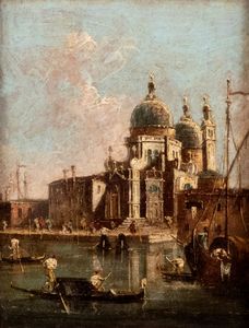 Imitatore di Francesco Guardi - Veduta di Punta della Dogana con Santa Maria della Salute
