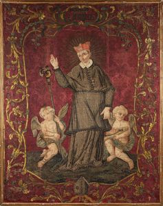 Scuola lombarda, seconda metà del secolo XVII - Grande pannello in broccato riccamente ricamato e dipinto, raffigurante San Carlo Borromeo con due angeli