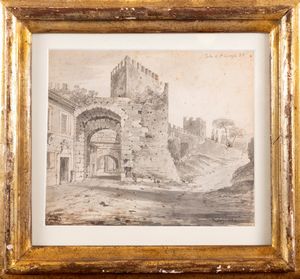 Pittore inglese attivo a Roma, secolo XIX : Veduta di Porta San Lorenzo a Roma  - Asta Incanti d'arte - Associazione Nazionale - Case d'Asta italiane