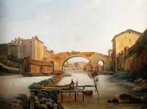 Scuola romana, secolo XIX - Roma, veduta dell'antico Ponte Cestio con l'Isola Tiberina
