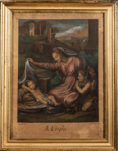 Acquaforte raffigurante Madonna con Bambino e San Giovannino, da Raffaello  - Asta Incanti d'arte - Associazione Nazionale - Case d'Asta italiane