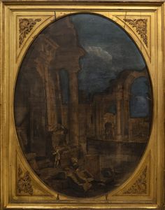 Cerchia di Giovanni Paolo Panini (Piacenza 1691 - Roma 1765) - Capriccio architettonico con astanti presso rovine antiche