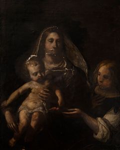 Scuola dell'Italia settentrionale, secolo XVII - Madonna con Bambino e un Angelo