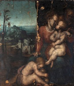 Scuola italiana, secolo XVI, e restauratore moderno - Madonna con Bambino e San Giovannino