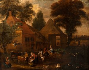 Scuola fiamminga, secolo XVII - Villagio contadino con venditrice di ortaggi e contadina che prepara il formaggio