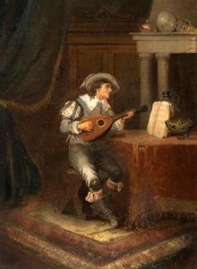 Scuola francese, secolo XIX - Interno con suonatore di liuto