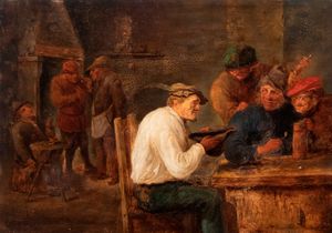Scuola olandese, secolo XIX - Scena di taverna con giocatori