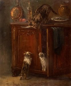 Scuola europea, fine del secolo XIX - inizi del secolo XX - Interno con gatti che rubano un pesce