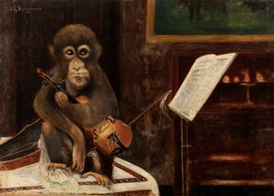Scuola francese, fine secolo XIX - inizi secolo XX - Interno con scimmia e violino