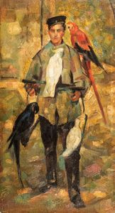 Scuola tedesca, secolo XIX - L'uomo dei pappagalli allo zoo di Francoforte