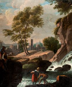 Scuola italiana, secolo XIX - Paesaggio fluviale con cascata e borgo turrito in lontananza