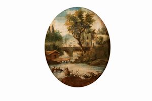 Maniera di Marco Ricci - Paesaggio fluviale con pescatore