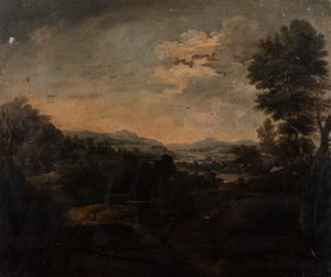 Scuola romana, seconda metà del secolo XVII : Paesaggio fluviale  - Asta Incanti d'arte - Associazione Nazionale - Case d'Asta italiane