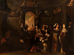 Pittore spagnolo attivo a Roma, secolo XVII - Coppia di scene di palazzo