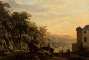 Scuola italiana, secolo XVIII - Veduta del parco di una villa con astanti