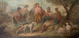 Imitatore di François Boucher : Scena bucolica con pastori ed armenti  - Asta Incanti d'arte - Associazione Nazionale - Case d'Asta italiane