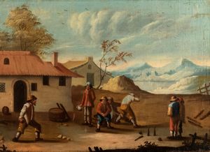 Scuola dell'Italia settentrionale, secolo XVIII - Paesaggio con giocatori di birilli