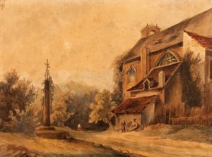Scuola italiana, secolo XIX - Paesaggio con villaggio di campagna
