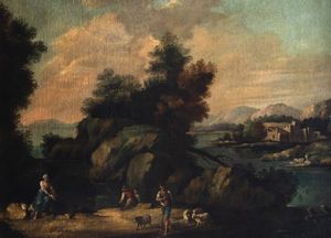 Scuola veneta, secolo XVIII : Paesaggio fluviale con pastori e armenti e casolari in lontananza  - Asta Incanti d'arte - Associazione Nazionale - Case d'Asta italiane