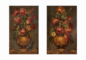Scuola italiana, secolo XX - Coppia di nature morte con fiori in un vaso