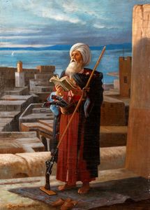 Scuola francese, secolo XIX - Figura maschile con turbante e veduta di citt orientale in lontananza