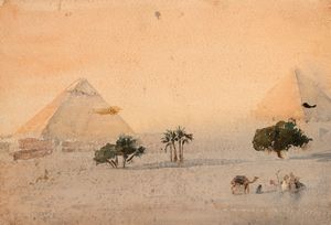 Scuola europea, secolo XIX - Veduta orientalista con beduini e piramidi in lontananza