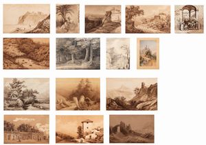 Scuola italiana, secolo XIX - Lotto composto da dodici disegni raffiguranti paesaggi e vedute