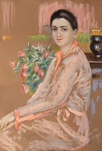 Scuola italiana, secolo XX - Ritratto di signora in un interno