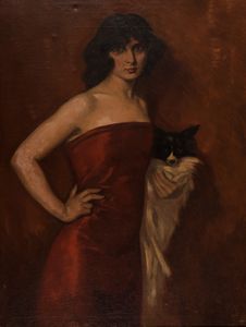 Scuola italiana, inizi secolo XX - Ritratto di gentildonna in abito rosso con cagnolino